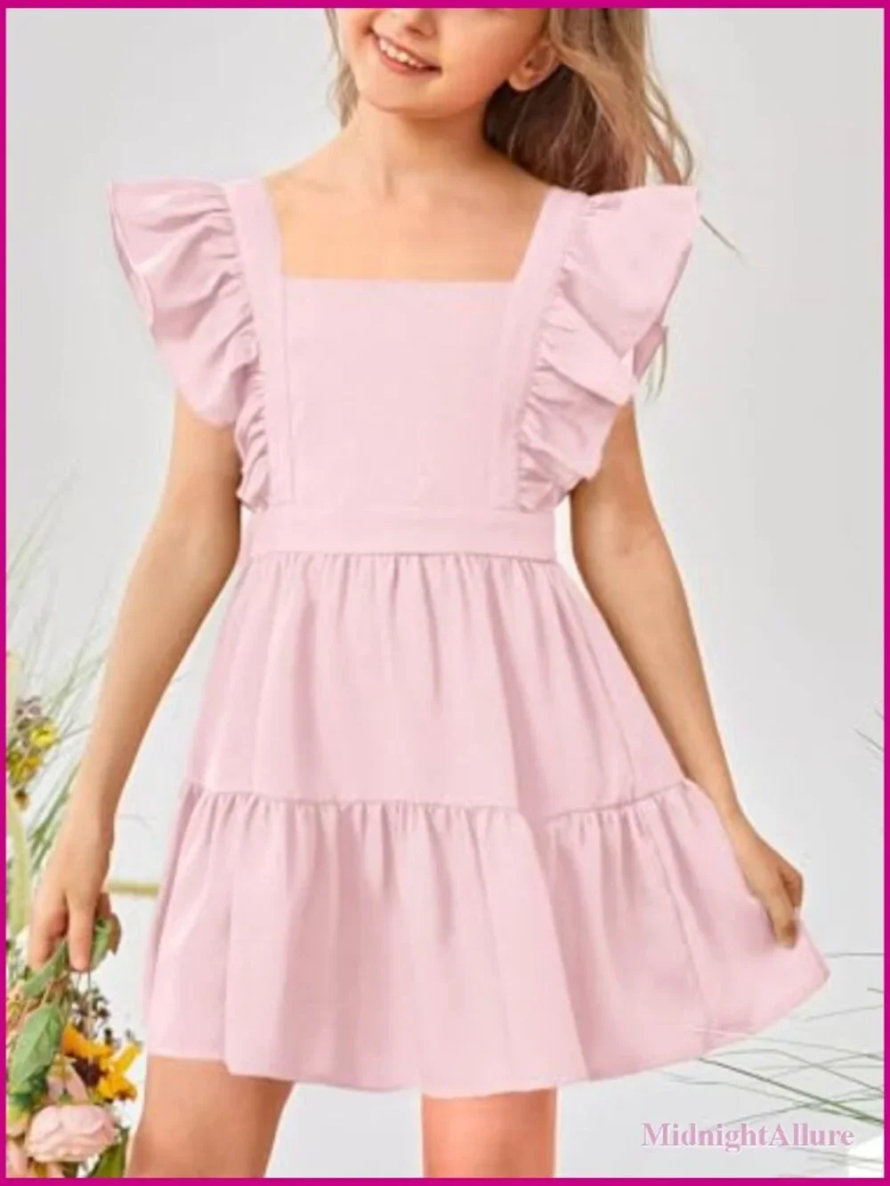 Square Neck Ruffle Sleeve A-line Swing Mini Dress 5-14Y